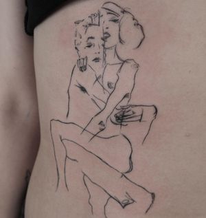 A stunning illustrative tattoo featuring a man and woman on the back, expertly executed in fine line blackwork style by the talented artist Mané.