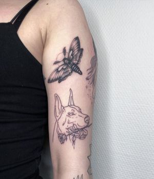 Unique blackwork fine line tattoo on upper arm featuring a dog, moth, flower, and skull design by artist Kasia.