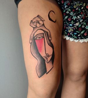 Beautiful illustrative tattoo by Baingio featuring a moon, a dog, and a woman, perfectly placed on the upper leg.