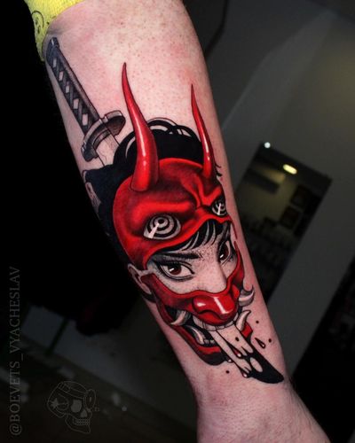 Intricate blackwork illustration featuring a sword, hannya mask, and woman on forearm. By artist Slava.