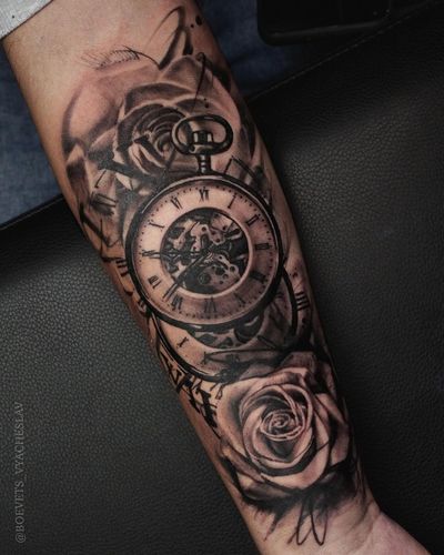 A stunning combination of blackwork, lettering, and realistic illustration featuring a flower, watch, clock, and numbers. Created by the talented artist Slava.