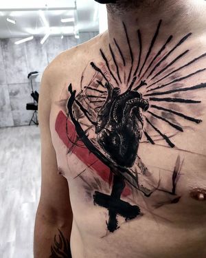 Unique trashpolka style tattoo combining realistic heart and bold patterns, by Csaba Sipos.