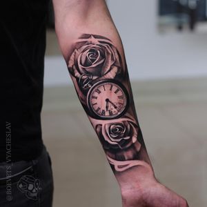 Get lost in the intricate details of this blackwork and realistic tattoo featuring a beautiful flower intertwined with a classic watch and clock design, expertly inked by Slava.