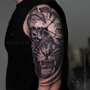 Stunning blackwork design featuring a fierce tiger, intricate clock detail, and bold numbers by talented artist Slava.