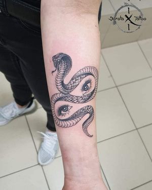 Stunning blackwork design by Dorota featuring a snake, woman, and eye, perfectly executed on the forearm.