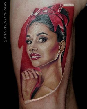 Get a stunning illustrative tattoo of a woman on your upper arm by the talented artist Slava.