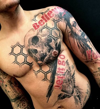 Stunning blackwork design by Csaba Sipos featuring a skull surrounded by intricate geometric patterns and a mandala on the chest.