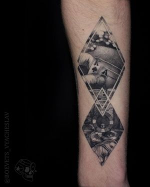 Get inked with a unique blackwork design featuring cards, chips, and a hand in a realistic and illustrative style. Perfect for any casino lover!