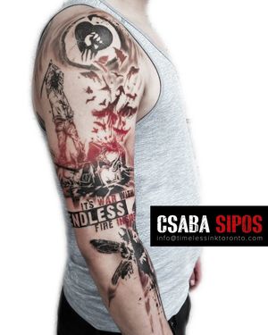 Illustrative trashpolka design on upper arm features bird, hammer, pattern, and quote by Csaba Sipos.