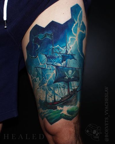 Discover the high seas with this new school pirate ship tattoo on your upper leg. Sail through epic storms and conquer new adventures with Slava's illustrative design.