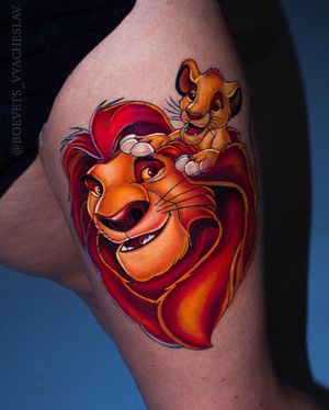Get inked with a stunning illustrative lion design by Slava on your upper leg. Roar with pride and power.