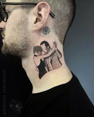 A striking blackwork tattoo on the neck featuring an illustrative design of a woman and man dancing, created by the talented artist Slava.