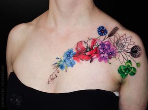 Illuminate your shoulder with an illustrative watercolor flower tattoo by Slava, blending beauty and artistry seamlessly.