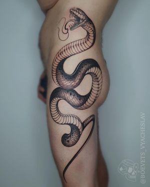 Get mesmerized by Slava's detailed illustrative snake design, boldly etched on your upper leg.