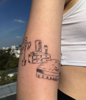 Get a unique illustrative tattoo featuring a tree, heart, box, phone, and mirror on your arm by the talented artist Sofi.