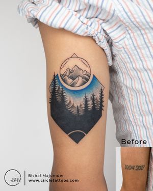 Mountain & Forest Colour Coverup Tattoo done by Bishal Majumder at Circle Tattoo Studio