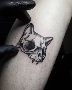 Get a striking blackwork tattoo of a skull on your forearm, done by Shasza for a bold and unique look.