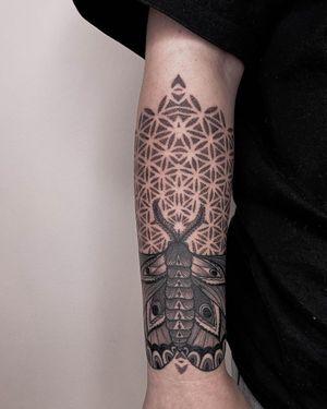 Unique blackwork dotwork tattoo on forearm combining moth, pattern, and mandala elements. Expertly done by artist Nastya.