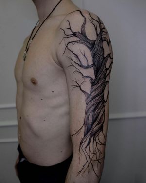 Unique blackwork tattoo featuring a beautiful tree design, created by tattoo artist Nastya.