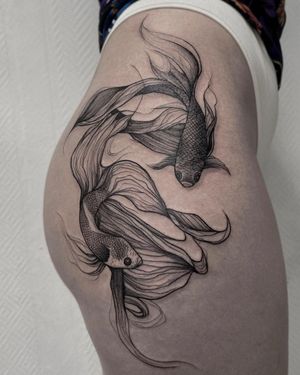 Beautiful blackwork koi fish tattoo on the upper leg, expertly done by Nastya.