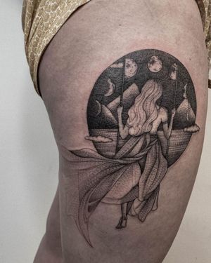 Illustrative blackwork of Alice on a swing under a moon and cloud by Nastya, perfect for upper leg placement.