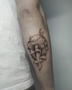 Get a unique blackwork mushroom tattoo on your forearm by the talented artist Maryna. Stand out with this intricate design!