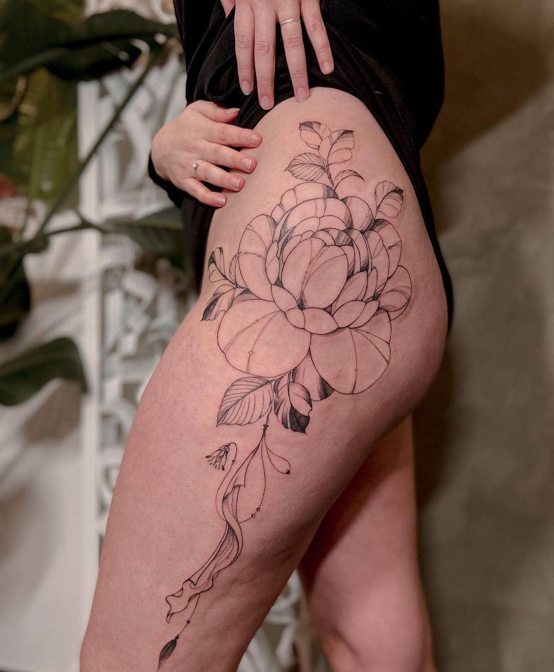 Fine Line Floral Upper Leg Tattoo by Edyta • Tattoodo