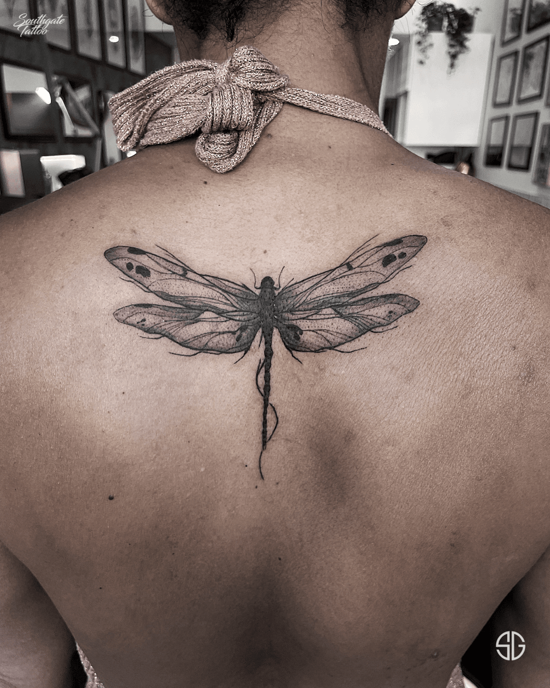 Watercolor dragonfly tattoo on the upper back  Dragonfly tattoo  Watercolor dragonfly tattoo Dragonfly tattoo design