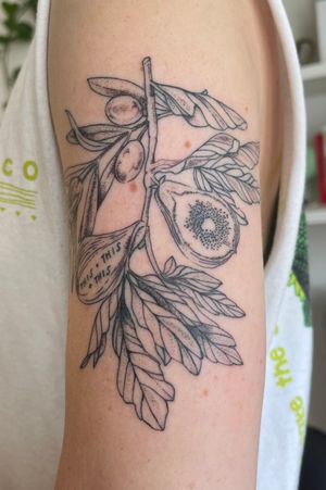 Custom dotwork fig and olive branches by Jennifer Palomaa