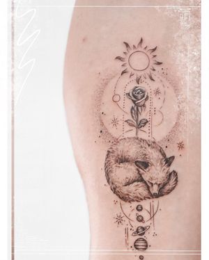 Fine line geometric design featuring a sun, planet, fox, and flower by talented artist George Francis.