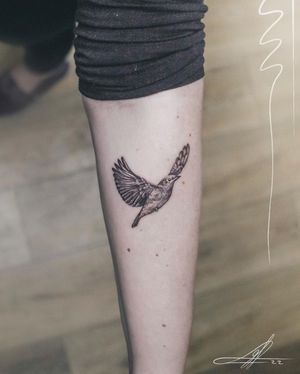 George Francis showcases his expert blackwork style with a stunning illustrative bird motif on the forearm. A true masterpiece.