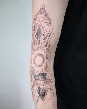 Fine-line geometric arm tattoo featuring an astronaut exploring a planet, surrounded by mountains and intricate patterns. By George Francis.