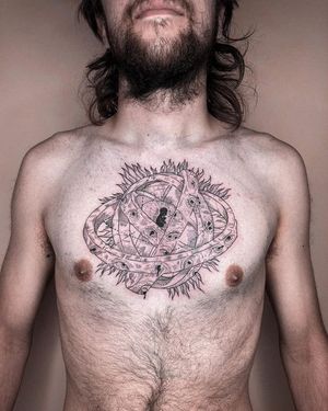 Unique blackwork and illustrative design by Alisa Hotlib, combining geometric motifs and kid-inspired elements for a standout chest piece.