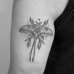 Unique blackwork and illustrative design by Angel Chavez, featuring a stunning combination of a butterfly and moth motif.