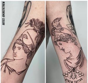 Athena & Hermes Linework Tattoo by Kirstie at KTREW Tattoo - Birmingham UK #linework #greekgods #armtattoo #birminghamuk