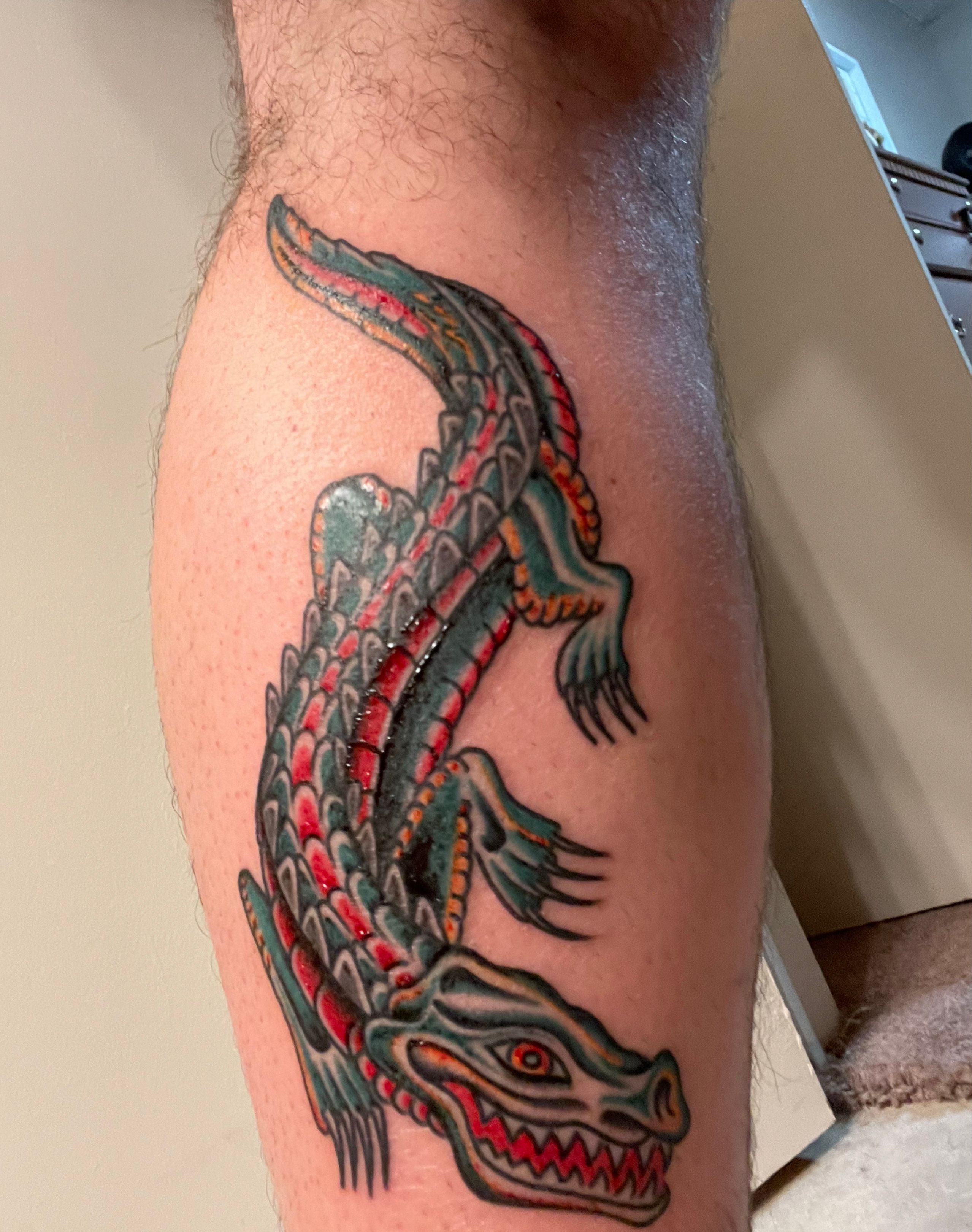 Steel and Ink Tattoo Studio  Traditional color Alligator tattoo Lets  draw something up for your next addition Bookyour appointments at  wwwsteelandinkstudiocom    traditionalart by artbybsitc alligator  tradart tradtattoos stlartists 