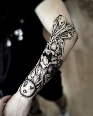 Get a unique blackwork illustrative tattoo of a rabbit and monster on your forearm by the talented artist Ruslan