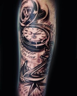 Unique forearm tattoo by Mika featuring a detailed anchor, compass, beer can, and a meaningful quote.