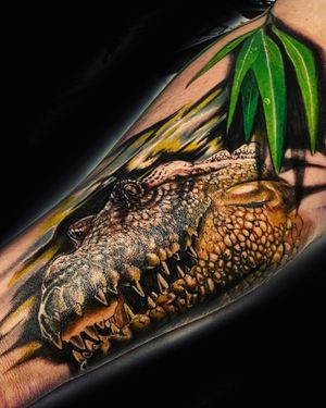 Experience the fierce elegance of a realistic alligator intertwined with a delicate leaf, expertly captured by Mika's illustrative style.