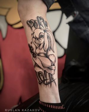 Elegant blackwork illustration of Lola Bunny with a quote about money, expertly done by Ruslan on lower leg.