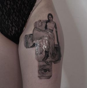 Unique blackwork illustration of a woman's portrait integrated with a geometric cube by Toma, on upper leg.