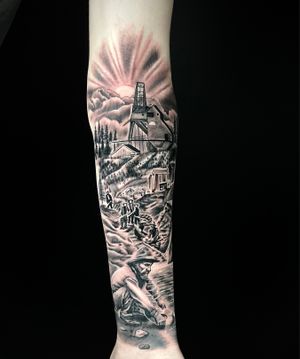 Black and gray gold miner tattoo on the forearm 1/4 sleeve 