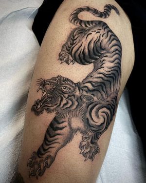 Get a fierce black and gray tiger tattoo on your upper arm by the talented artist Sasha Ignarski. This illustrative design is sure to make a statement.