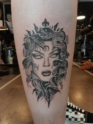 Medusa, black and grey. Done by myself at Acherontia tattoo studio, Burnley.Bookings: follow and message @astonhesketh_tattoo
