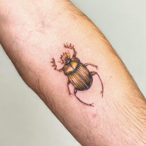 Capture the beauty of nature with a stunning illustrative beetle tattoo on your forearm by the talented artist Juliany Braga.