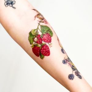 Get a taste of Juliany Braga's illustrative style with this vibrant strawberry tattoo on your forearm. Stand out with a juicy and detailed fruit design.