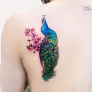 Vibrant neo-traditional upper back tattoo featuring a stunning peacock and intricate flower design by Juliany Braga.