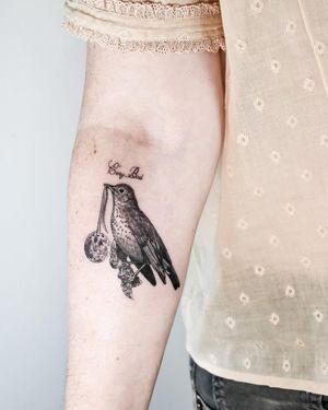 A stunning blackwork forearm tattoo featuring an illustrative bird and inspiring quote by Juliany Braga.