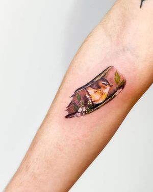 Juliany Braga expertly brings a beautiful bird painting to life on your forearm with stunning realism and illustrative style.