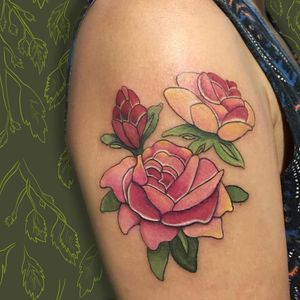 Beautiful illustrative flower tattoo on upper arm by Maritana Quaresma. Perfect mix of neo-traditional style.